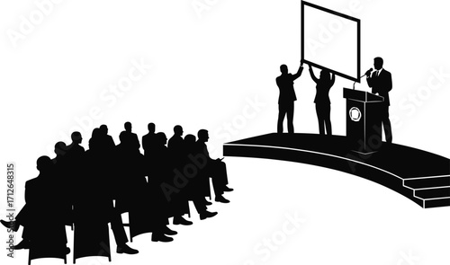 Formal presentation, academic lecture, business conference, speaker at podium, audience listening, official seminar, leadership communication, 