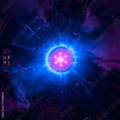 Neon illuminated futuristic reactor surrounded by smoke, cyberpunk style energy machine visualization