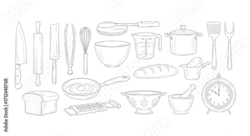 Kitchen Utensils and Cooking Tools Line Drawing Set for Food Blog or Recipe Illustration