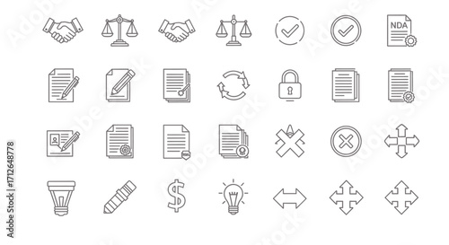 Legal Icons Set  Agreement Contract Justice Scales Checkmark NDA and Business Concepts Vector Illustration