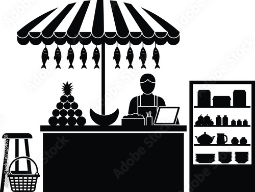 Market stall, street vendor, fresh fruit, local produce, traditional marketplace, food stand, grocery stall, outdoor shop, farmer market, retail business, 