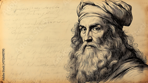 2-Color Portrait of Leonardo da Vinci with Quill Symbolizing Art and Invention