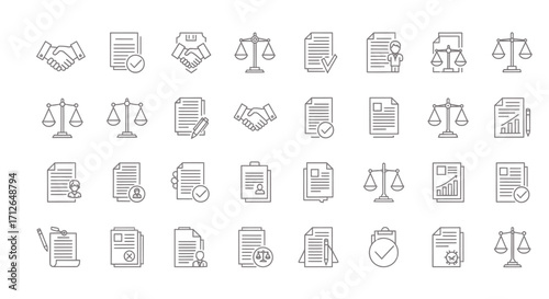 Legal Icons Set  Scales Documents Handshake Checkmark and Justice Symbols for Business