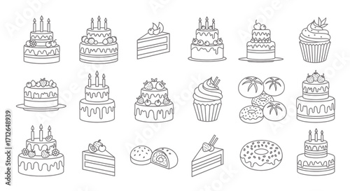 Line Art Set of Cakes Cupcakes Pastries and Desserts for Bakery or Food Related Design