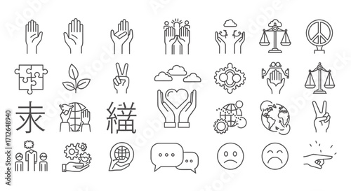 Line Art Icons Set  Hands Nature Peace Justice Emotions Communication and Abstract Symbols Collection