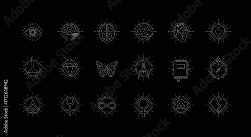 Line Art Symbols Set  Eye Brain Heart Diamond Compass Infinity and Feminine Iconography