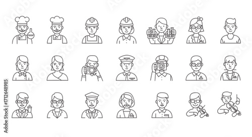 Line Icons Set of Different Professions People Occupations Jobs Career Vector Illustration