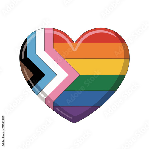 Progress pride heart, inclusive flag stripes with chevron, diversity support, vector icon, sticker, equality design, LGBTQ community graphic