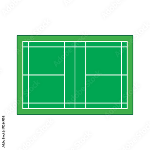 Flat cartoon vector of green badminton court with simple design isolated on white background. Sports arena. Badminton