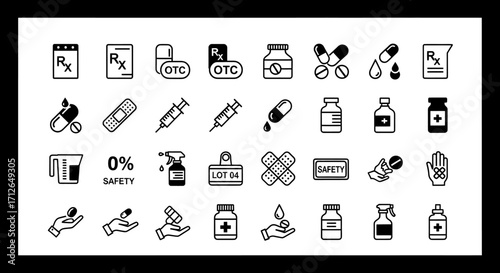 Medical Icons Set  Pharmacy Healthcare Prescription Medicine Drugstore Treatment Pills Bandages Safety Symbols