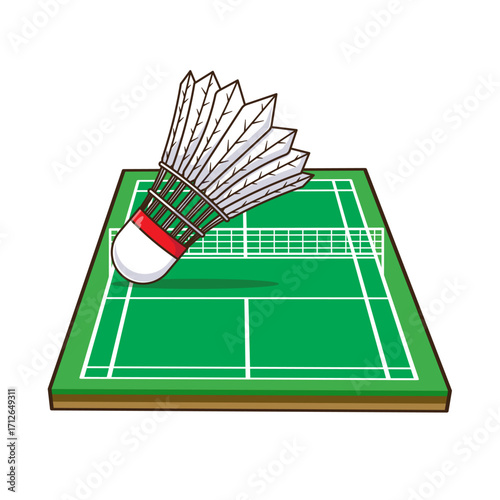 Isometric green badminton field or court with shuttlecock cartoon illustration vector inside with simple style concept isolated