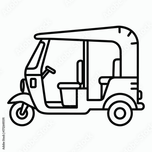 Black outline drawing of a three wheeled auto rickshaw vehicle three wheeler transport