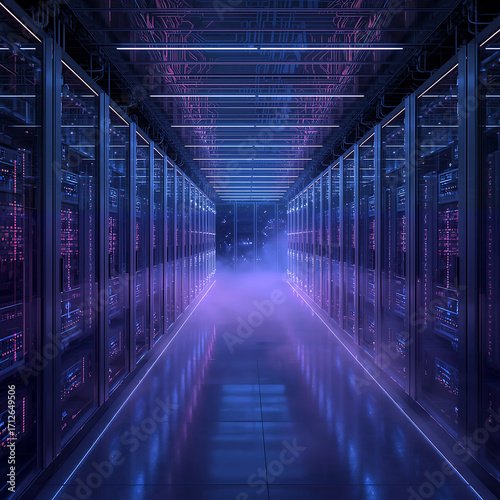 Modern Data Center Hallway Featuring Digital Network Infrastructure and Lights