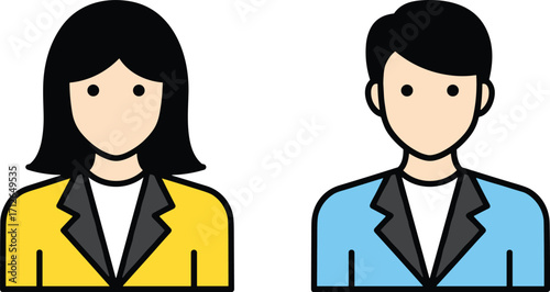 Cartoon male and female characters, black hair, yellow jacket, blue jacket, white shirt, professional attire, avatar, icon, flat design, vector illustration, stock art, outline style, business