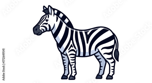 A friendly cartoon zebra illustration standing in profile with bold black and white stripes and subtle blue shading.