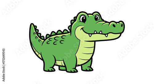 A friendly green cartoon alligator with large eyes and a wide smile, standing happily.