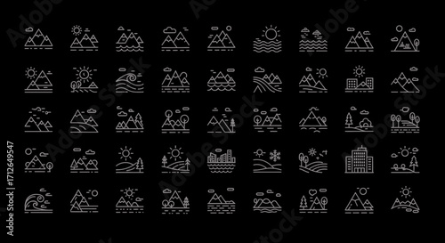 Mountain Sun Water Icons Set  Nature Landscape Weather Symbols for Website Design and App Interface