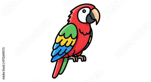 A vibrant cartoon macaw parrot with bold black outlines and colorful red, green, yellow, and blue feathers.