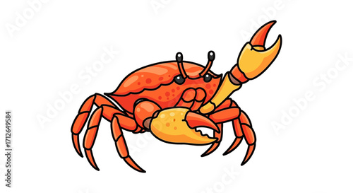 A friendly orange cartoon crab with large yellow claws and a cheerful, waving pose.