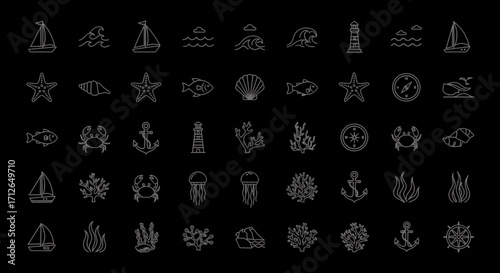 Nautical Icons Set  Boat Anchor Fish Starfish Seashells Waves Lighthouse and Compass Vector Illustrations
