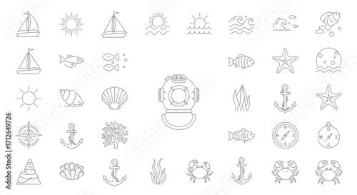 Nautical Icons Set  Boat Fish Anchor Starfish Seashells Waves and Diving Equipment Line Art