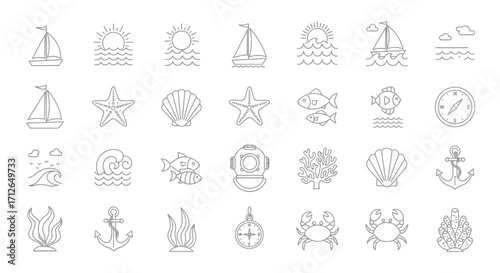 Nautical Icons Set  Boat Fish Anchor Starfish Seashells Compass Waves and Marine Elements