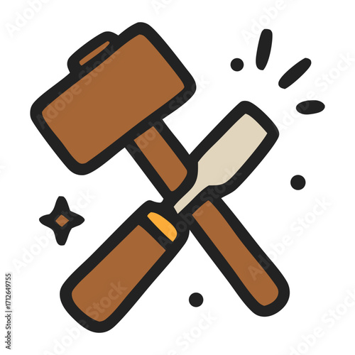 United states woodworking brown wooden mallet, silver chisel crafted with precision. Suitable for carpentry, diy, crafts, and construction projects.