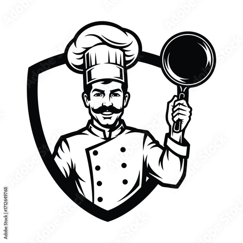 Chef character with frying pan inside shield emblem cooking food service restaurant emblem