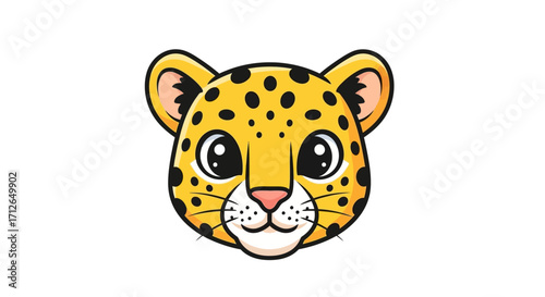 Adorable cartoon leopard head with big shiny eyes and black spots. A cute baby cheetah face illustration with a friendly expression.