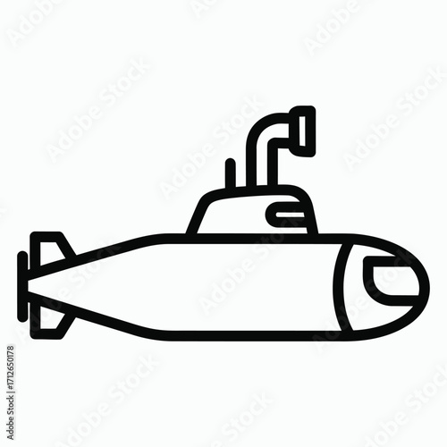 Black outline icon of a submarine with periscope on white background submersible underwater