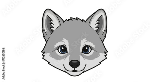 Adorable Cartoon Wolf Pup Head, Gray Fur, Blue Eyes, Smiling Face