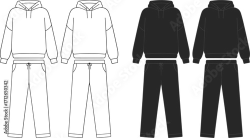 Cozy fashion mockup, oversized hoodie and sweatpants set, blank streetwear apparel template, customizable vector illustration, front and back view for clothing design.