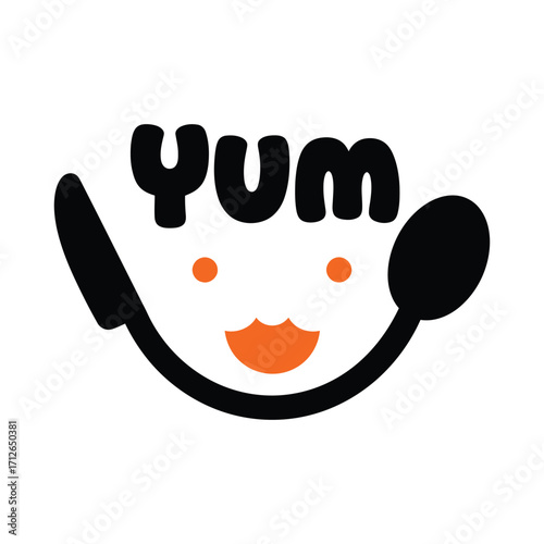 Joyful yum face spoon knife smile delicious food concept graphic