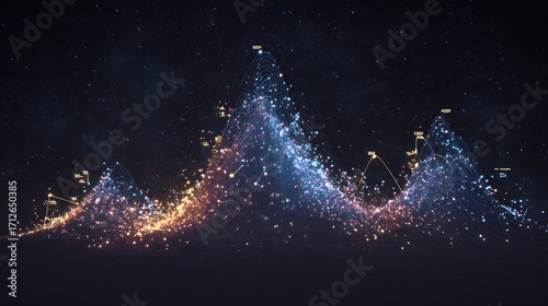 **Conceptual Digital Art Of Regression Analysis Glowing Scatter Plots Connecting Stars In Cosmic Space Forming Financial Constellation --Ar 16:9 --Raw** - @Musa (Relaxed)