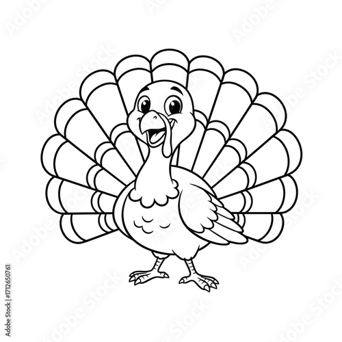 Cheerful cartoon turkey bird with fanned feathers in a minimalist black and white outline