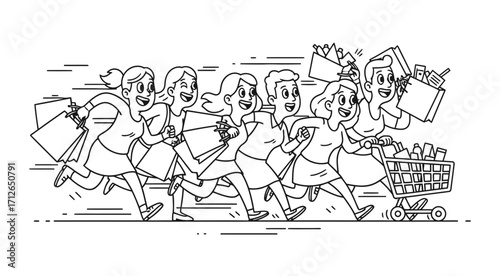 A joyful crowd of women on a shopping spree, running with bags and a cart in a line art style
