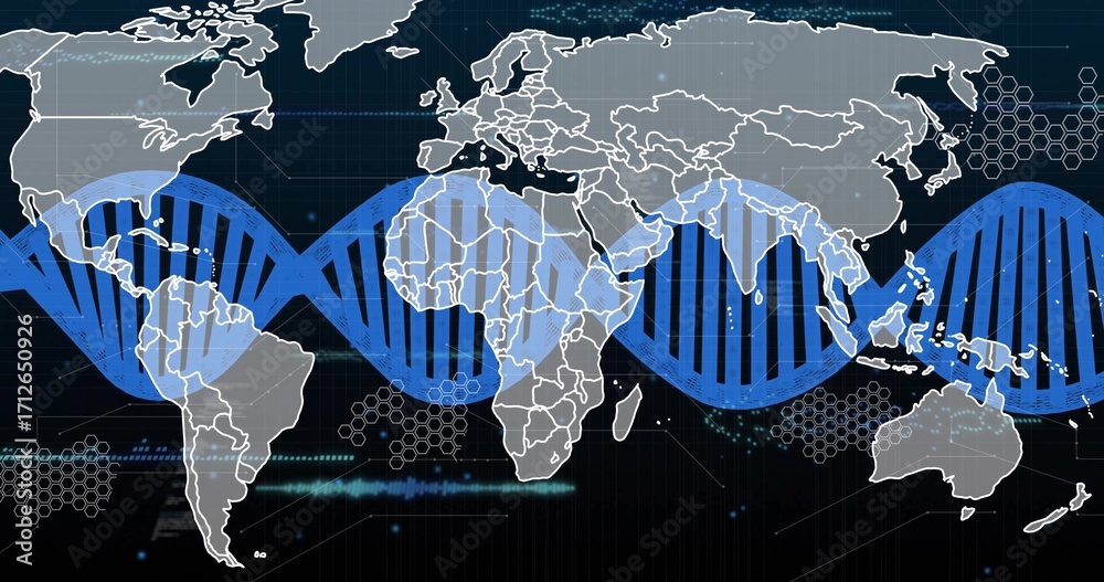 Fototapeta premium Showing blue DNA double helix winding across grey map on data dashboard, with circular highlights