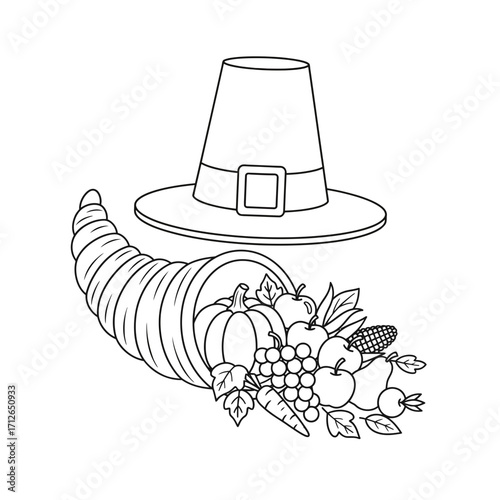Thanksgiving cornucopia horn of plenty and pilgrim hat vector outline for holiday coloring