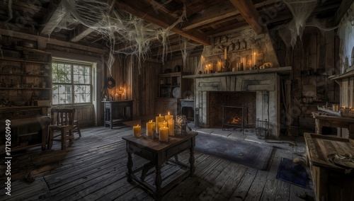 Cozy yet eerie abandoned wooden house illuminated with candlelight.