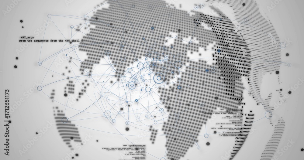 Fototapeta premium Displaying dotted world map overlaying UI with circular nodes linked blue lines and code snippets