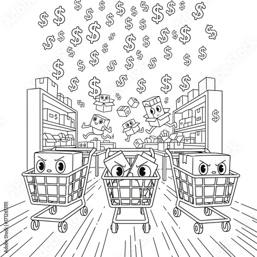 Vector outline of frantic shopping carts with angry faces racing for raining money