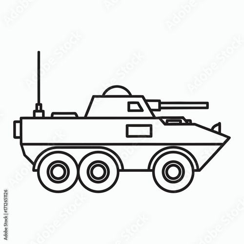 Black outline illustration of an armored personnel carrier with six wheels military vehicle wheeled vehicle