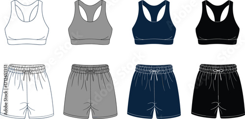 Women's athletic apparel mockup, sports bra and shorts set, blank front view vector template in various colors, fitness clothing for gym and active lifestyle.
