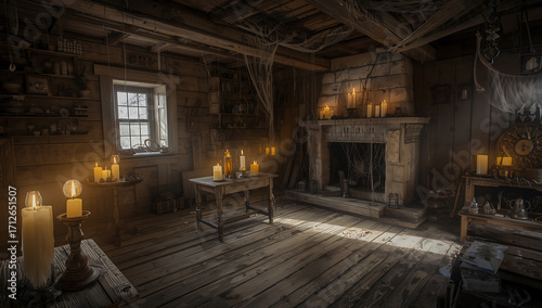 Rustic old wooden cabin interior lit by candles and natural window light.