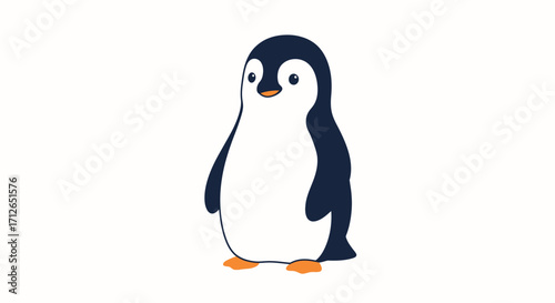 Cute cartoon penguin character with a simple flat design, dark blue feathers, and orange feet.