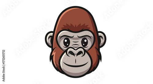 Friendly cartoon gorilla head mascot with brown fur and a gentle smile. Stylized ape face illustration with bold black outlines.