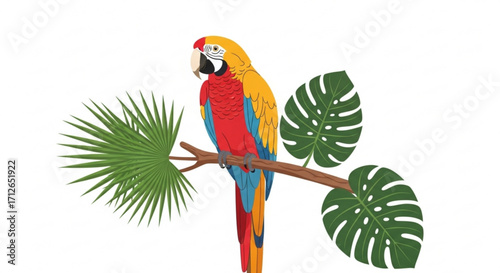 Illustration of a colorful macaw parrot perched on a branch with tropical leaves the parrot is looking to the left
