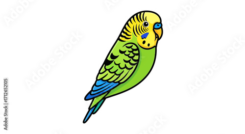 Vibrant Cartoon Budgerigar Illustration with Green Body, Yellow Head, and Blue Accents