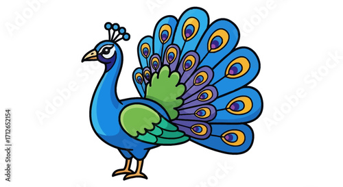 Vibrant Cartoon Peacock with Displayed Tail Feathers, Blue, Green, Purple, Yellow Accents