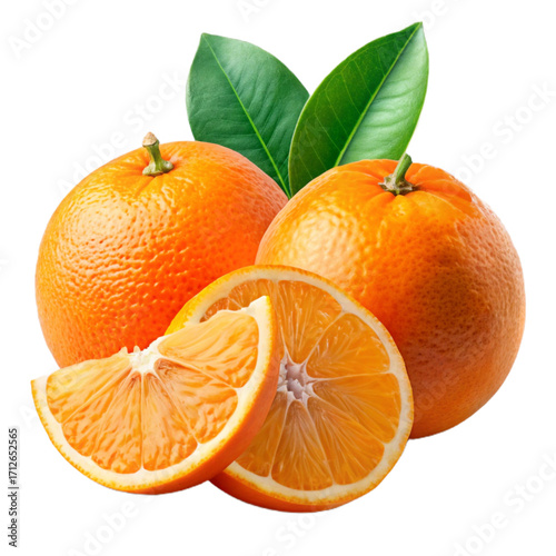 Fresh Whole and Sliced Oranges with Green Leaves Isolated on White Background